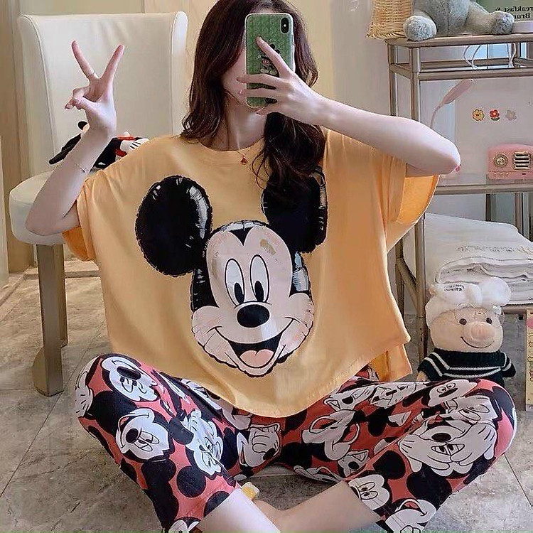 Set bộ đồ dành cho nữ, in hình chuột mickey dễ thương, áo cộc tay quần dài chất thun cotton mềm mại mát mẻ