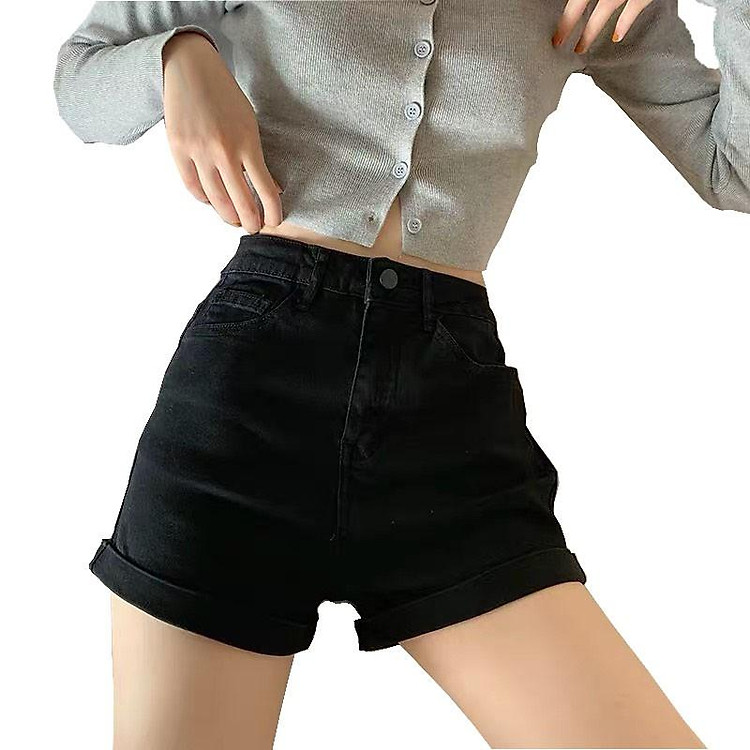 Quần short jean nữ BigSize lưng cao trên rốn, co dãn mạnh, phom ống rộng nhẹ, xăn lai, dành cho người béo 60kg~90kg 3825