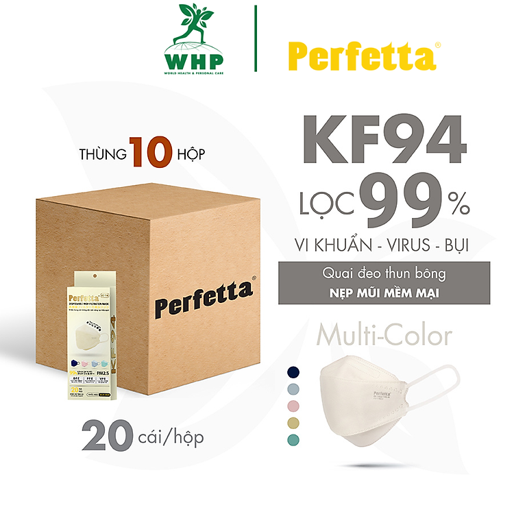 Thùng 200 Cái Khẩu Trang Y Tế Cao Cấp Perfetta KF94, Thanh Nẹp Mũi Mềm Mại (20 Cái/Hộp)