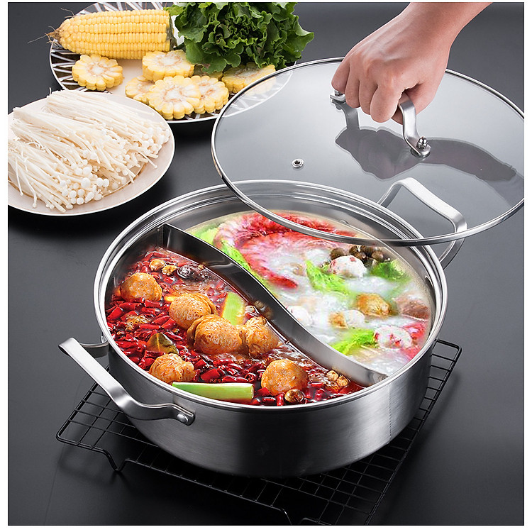 Nồi lẩu 2 ngăn inox 304 có nắp - 28Cm