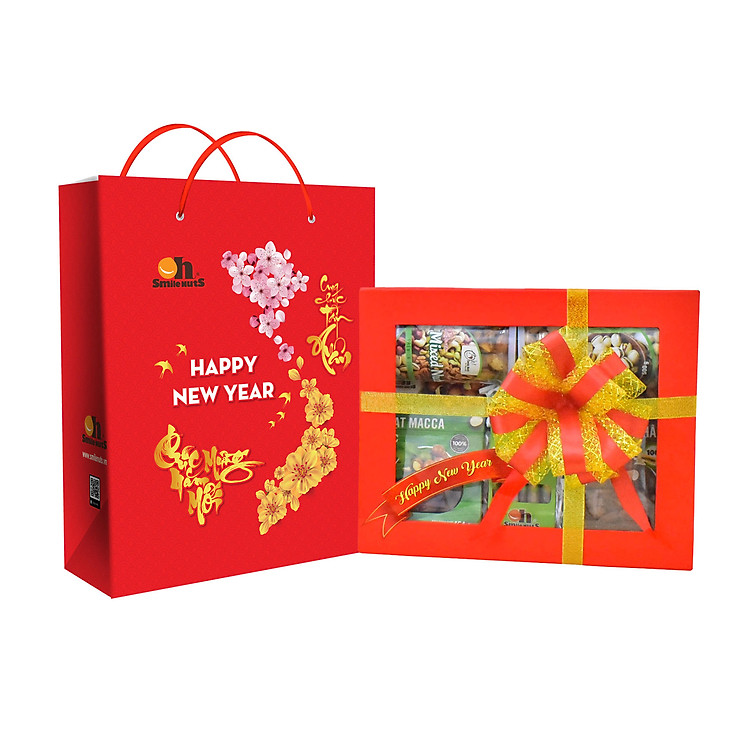 Hộp Quà Tết Cao Cấp Hạt Dinh Dưỡng Smile Nuts - Loại A (Hạnh Nhân Mỹ, Macca Úc, Dẻ Cười Mỹ, Mix 3 loại hạt và Hạt Chia Shots)