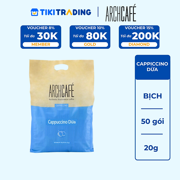 Túi Cà Phê Cappuccino Dừa Archcafe (50 gói x 20g) - Cà phê hoà tan, Cafe
