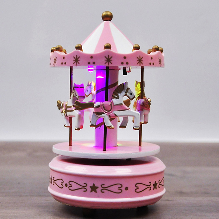 Hộp Nhạc Đu Quay Ngựa Gỗ Có Đèn Led