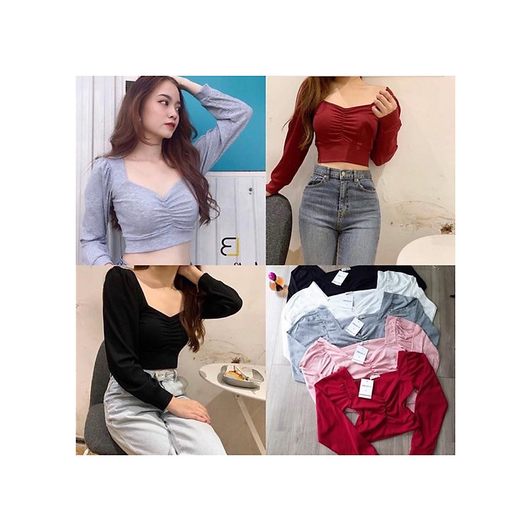 Áo kiểu croptop tay dài nhún ngực thun gân