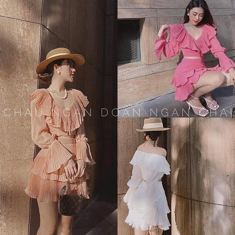 SET ÁO CROP BÈO DẬP LY TAY LOE + CHÂN VÁY TẦNG