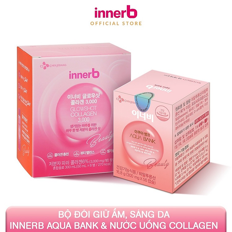 Bộ đôi giữ ẩm, sáng da InnerB Aqua Bank lọ 56 viên & nước uống Collagen hộp 6 chai (50ml*6) - Sản Phẩm Chính Hãng