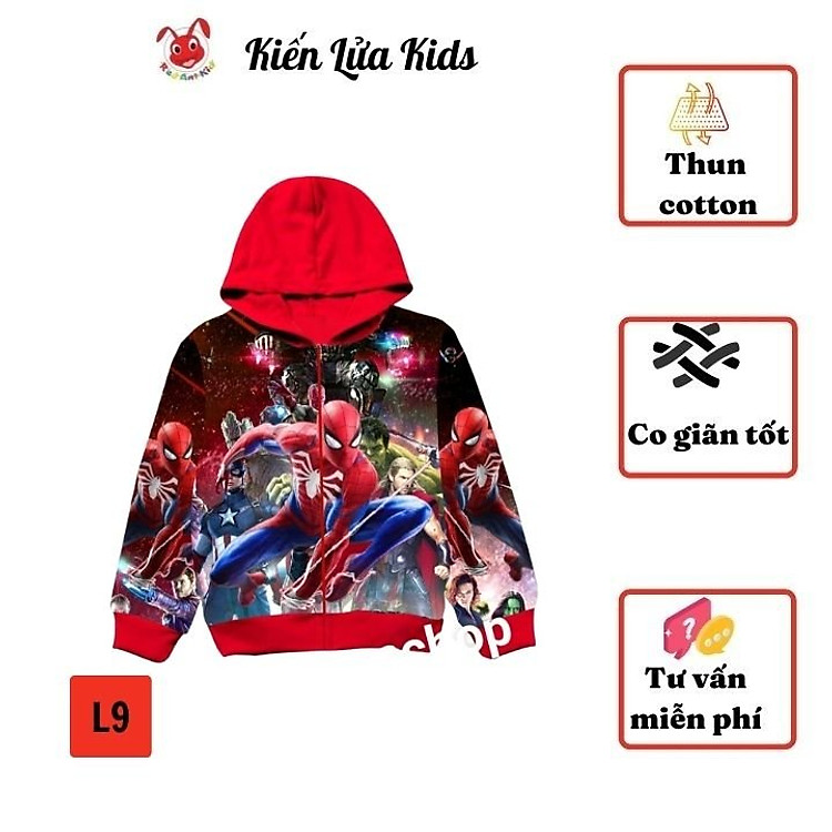 Áo khoác siêu nhân bé trai từ 11-42kg. Chất thun da cá- From thoải mái - Kiến Lửa