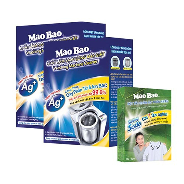 Combo 02 Hộp Bột Tẩy Vệ Sinh Lồng Máy Giặt Ag+ Mao Bao 306g - Tặng 01 hộp Bột Tẩy Quần Áo Thiên Nhiên 12g x 2 gói