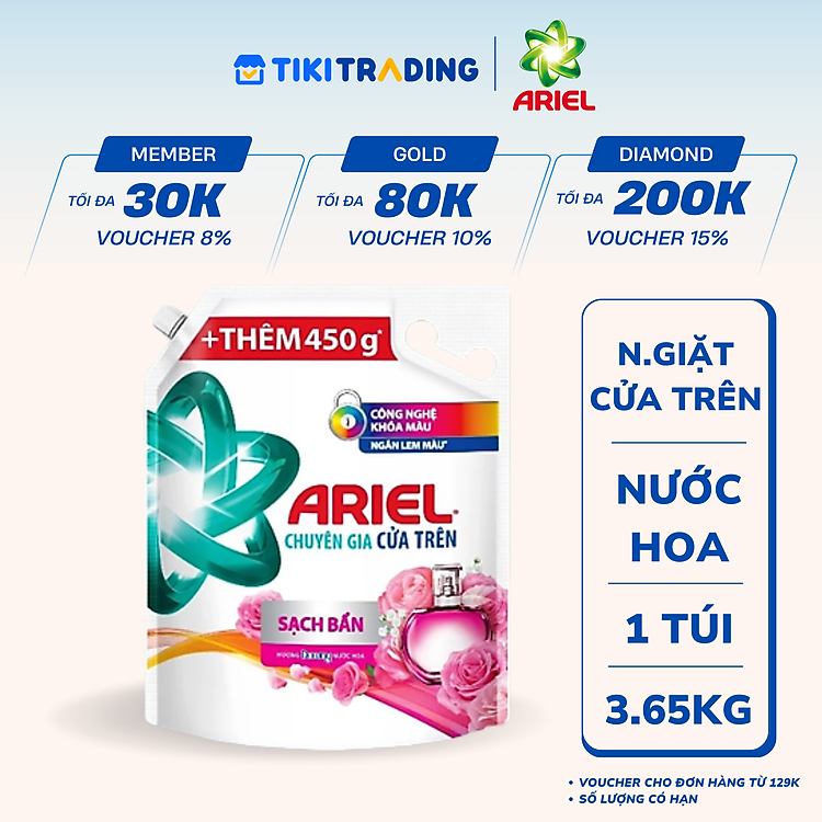 Túi Nước Giặt ARIEL Chuyên Gia Cửa Trên Ngăn Lem Màu - Hương Downy Nước Hoa 3.65KG