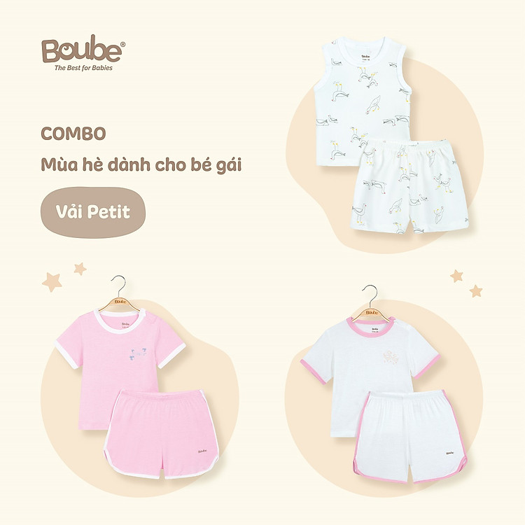 Combo 3 bộ quần áo mùa hè mát mẻ cho bé gái Boube, chất vải Petit mềm mịn, thoáng mát - Full size cho bé 0-24M (3-15kg)