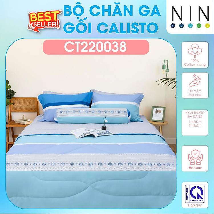 NEW ARRIVAL Bộ 5 món drap cotton, áo gối, mền chần NIN Calisto CT220038 1m6, 1m8 bọc nệm bo chun, cao cấp