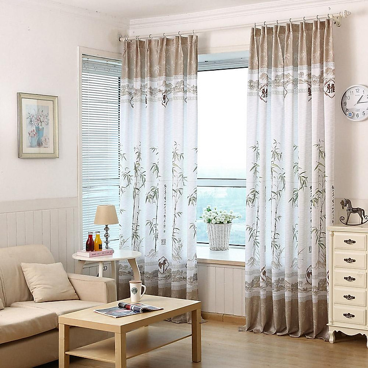 Bamboo Printing Window Curtain Half Shading Tulle for Bedroom Living Room Balcony Decor