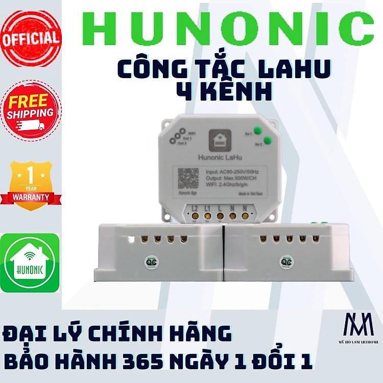 Công Tắc Điều Khiển Từ Xa Qua Điện Thoại Hunonic Lahu 4 kênh│Công tắc thông minh kết nối Wifi│ Hàng Việt