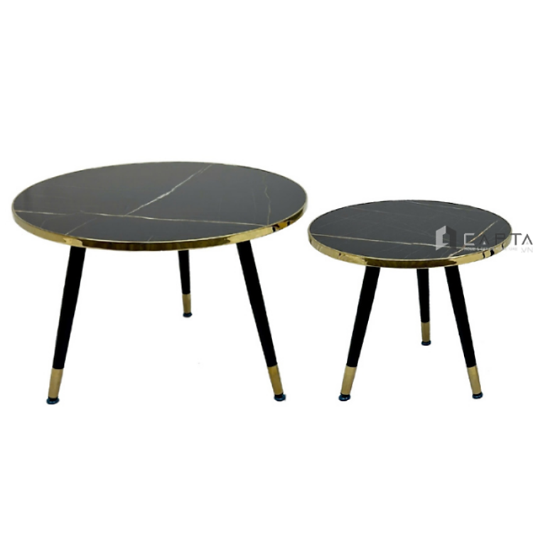 Bộ đôi bàn trà TS0975-75S Nội thất Capta Combo bàn sofa phòng khách mặt bàn mica bóng vân đá viền inox vàng chân Chân sắt sơn tĩnh điện màu đen có ống đồng inox màu vàng