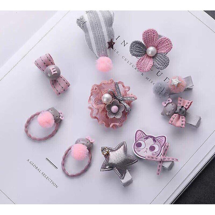 Hộp 10 món phụ kiện tóc dễ thương cho bé ( Xám )