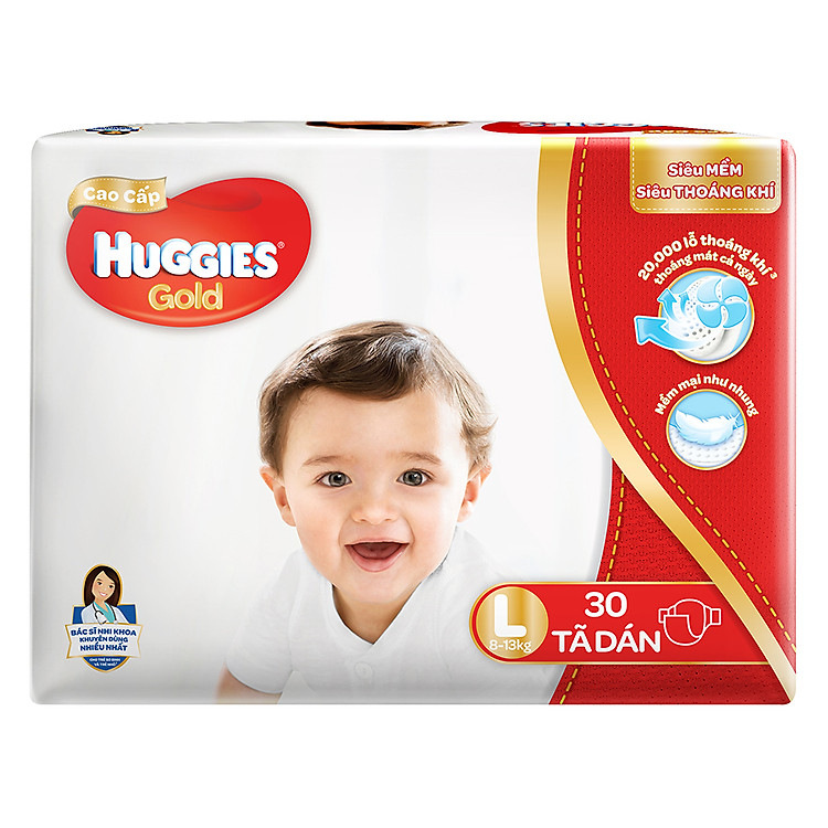 Tã Dán Cao Cấp Huggies Gold Gói Đại L30 (30 Miếng)