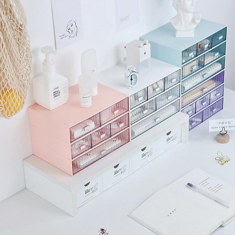 Kệ mỹ phẩm Đa tầng Mini - để bàn trong suốt đa năng có thể xếp chồng lên nhau thành tủ mini, kệ đựng bút có ngăn kéo