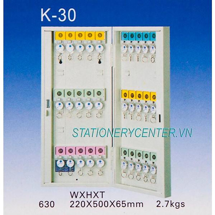 Tủ móc chìa khóa K30 chứa 30 móc được đánh số thứ tự, kèm sẵn 30 móc chìa khóa