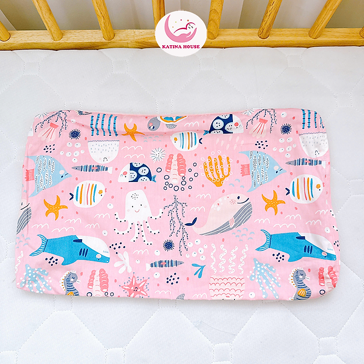 Vỏ áo gối đầu cho bé Katina House, 30x50cm, vải cotton nhung có hạt mát xa mềm mại, họa tiết sinh động