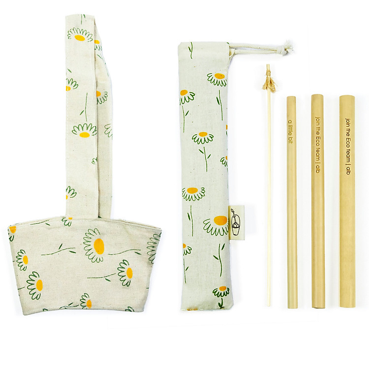 Combo Bộ 3 Ống hút tre, Túi Đựng, Cọ Rửa và Quai Vải Đựng Ly Hoa Cúc