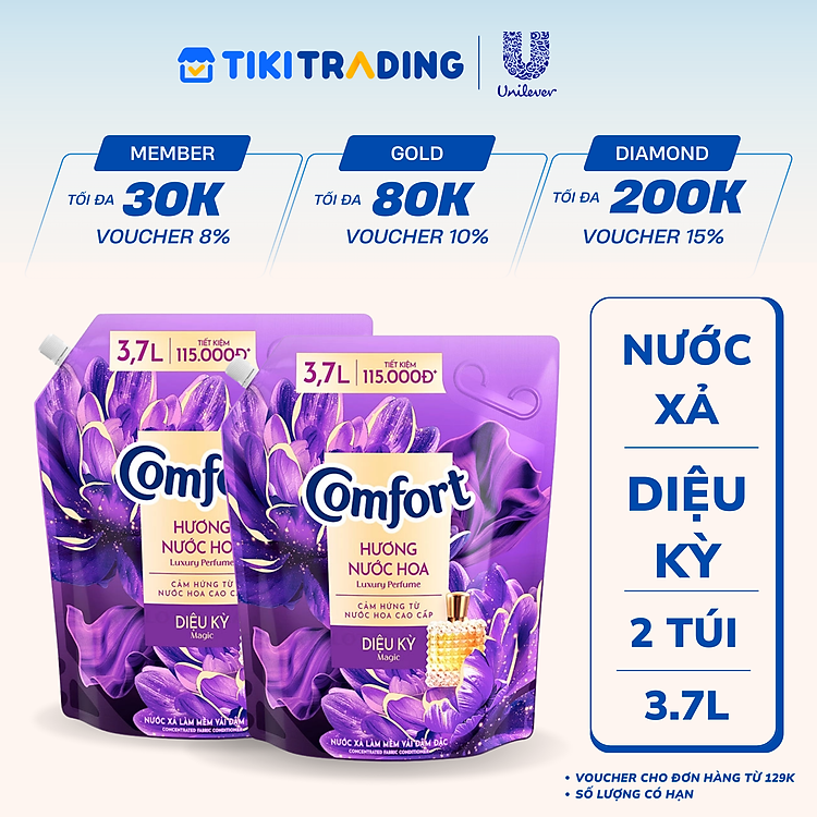 Combo 2 Nước Xả Vải Comfort Thơm Mát Gấp 10 Lần/Hương Nước Hoa Diệu Kỳ 100 Giờ Lưu Hương Túi 3.7L