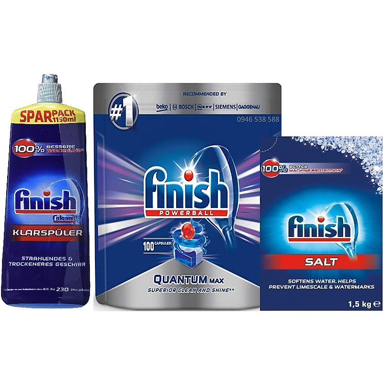 Muối Finish 1.5kg+Bóng Finish 1150ml+ 100 Viên Finish Quantum Max dùng cho Máy Rửa Bát