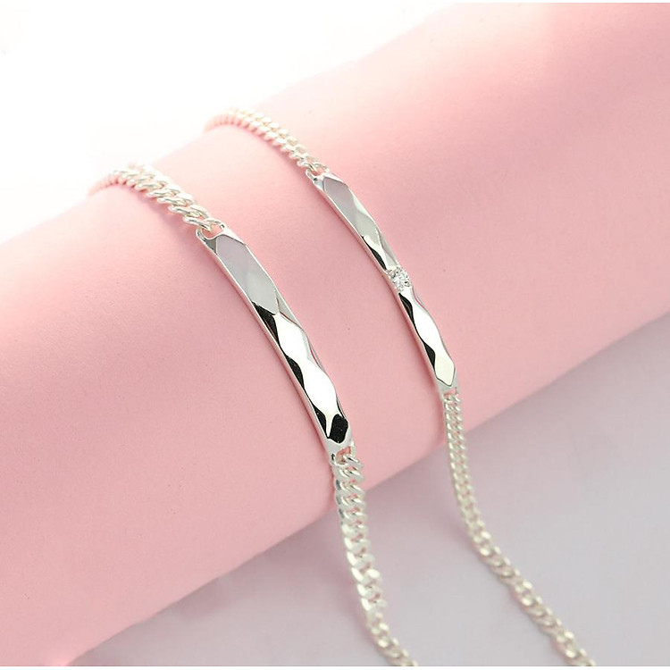 Lắc tay đôi bạc, vòng tay cặp bạc hình kẻ caro đính đá tinh tế LTD0006