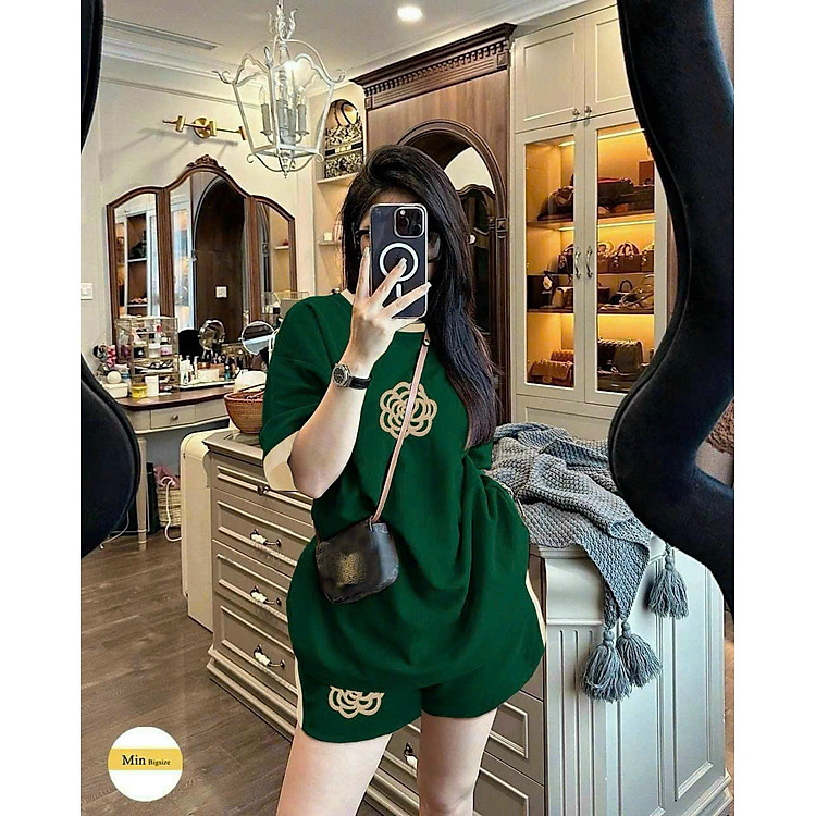 Bộ đồ ngắn thun cotton trơn đơn giản thêu hoa quần ngắn