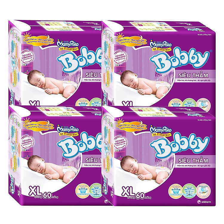 Combo 4 Gói Tã Dán Bobby Fresh Siêu Thấm Gói Cực Đại XL60 (60 Miếng)