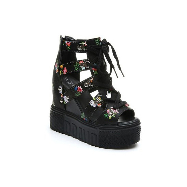 Giày Sandal nữ đế xuồng, giày cột dây kèm khóa kéo kiểu dáng thời trang màu đen S087