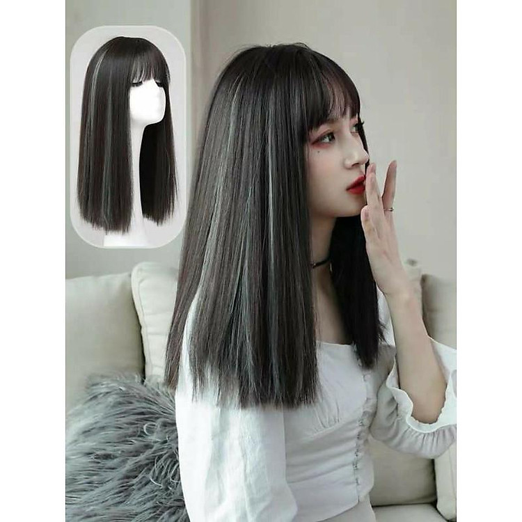 Tóc giả nguyên đầu tóc thẳng lửng line xám - Tặng lưới chùm tóc