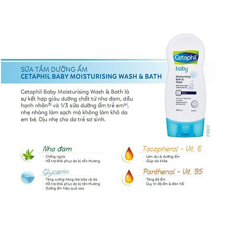 Sữa tắm Cetaphil Baby Moisturizing Wash & Bath 230ml dưỡng ẩm dịu nhẹ cho bé