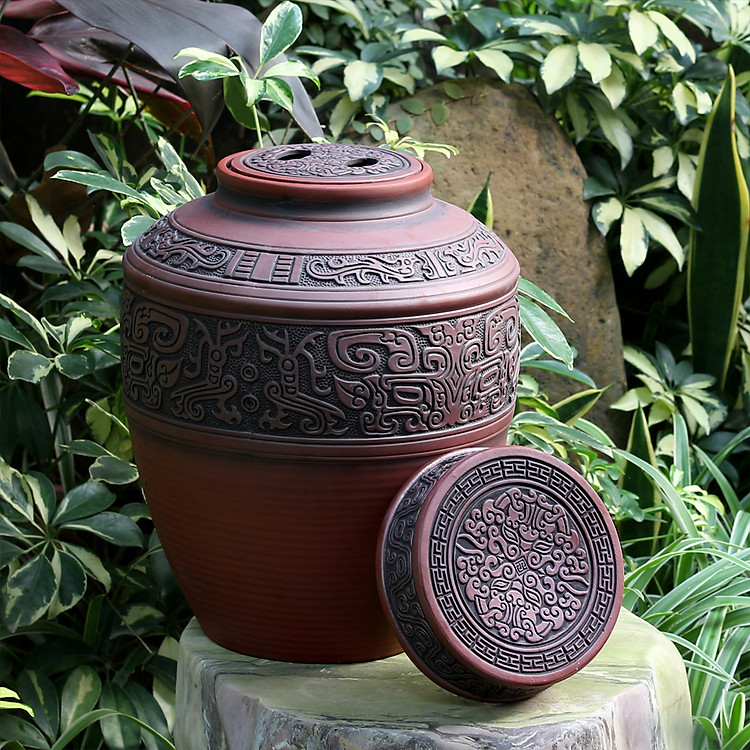 Chum sành ngâm rượu đắp nổi hoa văn cổ 10L - Ảnh 2