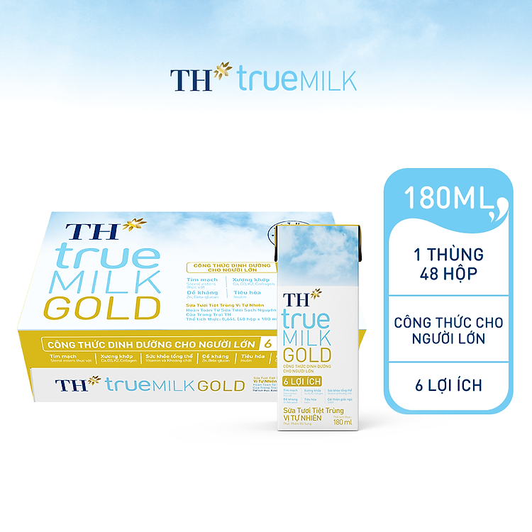 Thùng 48 hộp sữa tươi tiệt trùng vị tự nhiên TH true MILK GOLD dành cho người lớn tuổi 180 ml (180ml x 48)