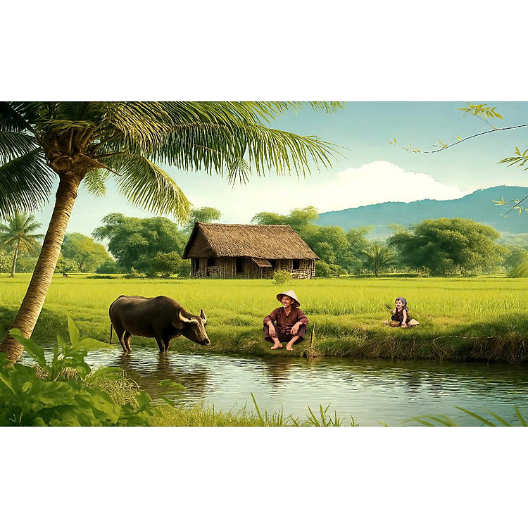 (HCM) Tranh dán tường làng quê Việt Nam yên bình tích hợp sẵn keo rất dễ dán( có in theo kích thước yêu cầu)