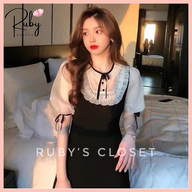 Váy tiểu thư sang chảnh, Đầm tiểu thư tay voan bồng cổ xếp ly