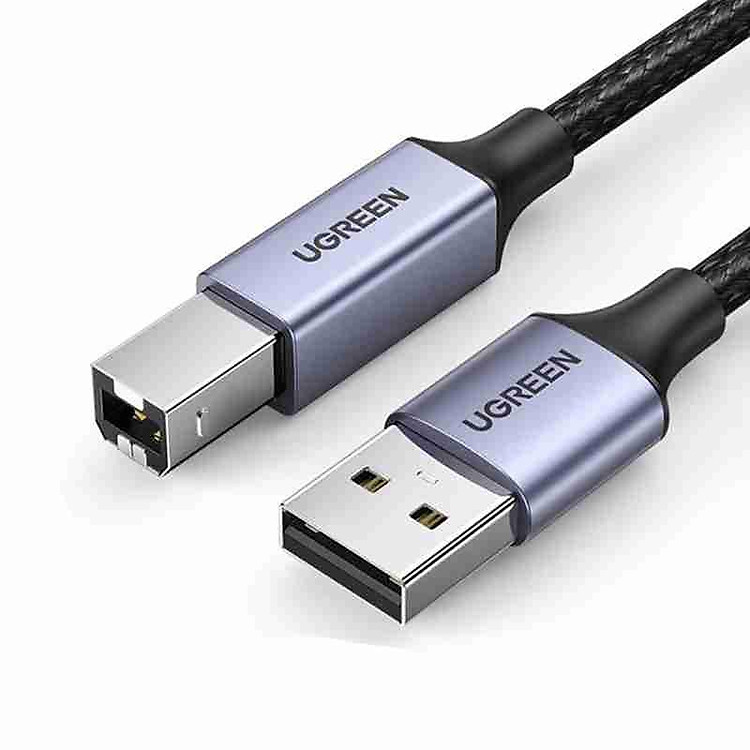 Ugreen 80802 Cáp máy in 1.5m USB A to USB B Aluminum alloy shell Case Braided Black US369 Hàng chính hãng