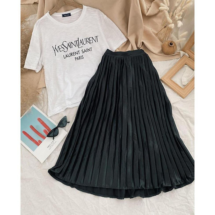 SET ÁO TRẮNG CHỮ + CV DÀI XẾP LY