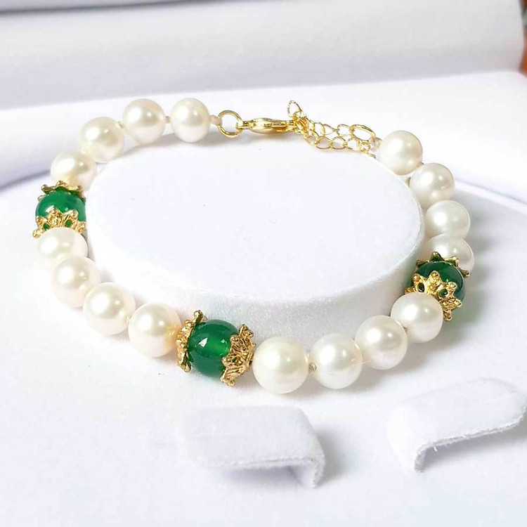 Vòng Tay Ngọc Trai Nước Ngọt Thiên Nhiên Cao Cấp - Chuỗi Đơn Tròn Mix Đá Mã Não - Trang Sức Cô Tấm - Quà Tặng Mẹ - NULLAN PEARL (8ly) - Trắng Xanh - CTJ0210