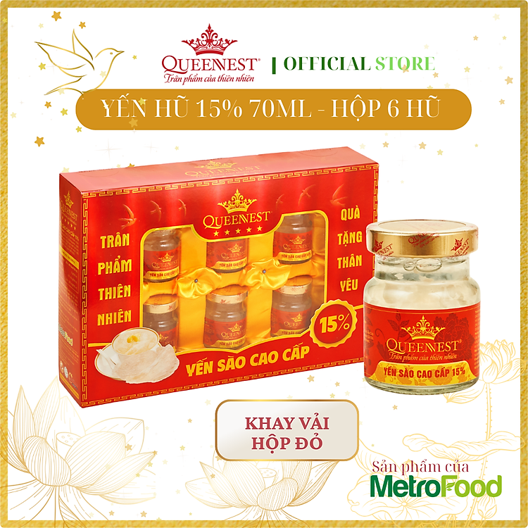 Yến hũ chưng sẵn Queennest 15%, hũ thủy tinh 70ml, hộp 6 hũ - Hộp Quà Biếu Tặng - Hàng Chính Hãng