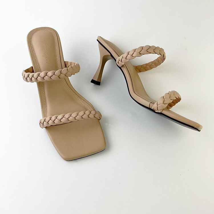 Guốc cao gót nữ đế vuông đẹp dáng dép sandal cao 7p 2 quai ngang tết bính S003