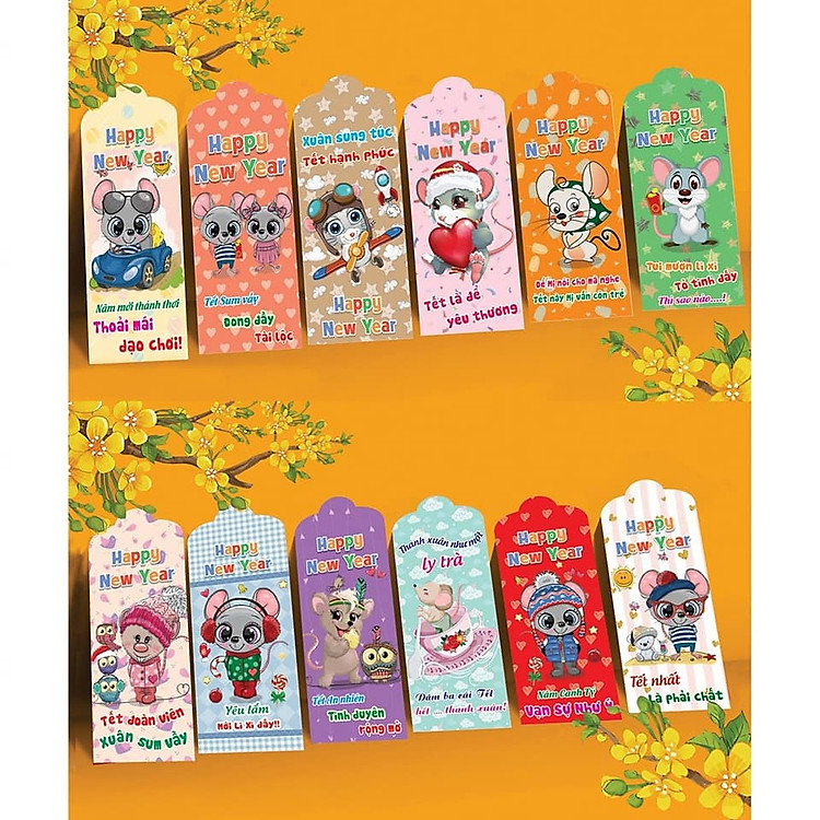 Bộ 50 bao lì xì chuột sắc màu 2020 -Tặng kèm túi kiếng