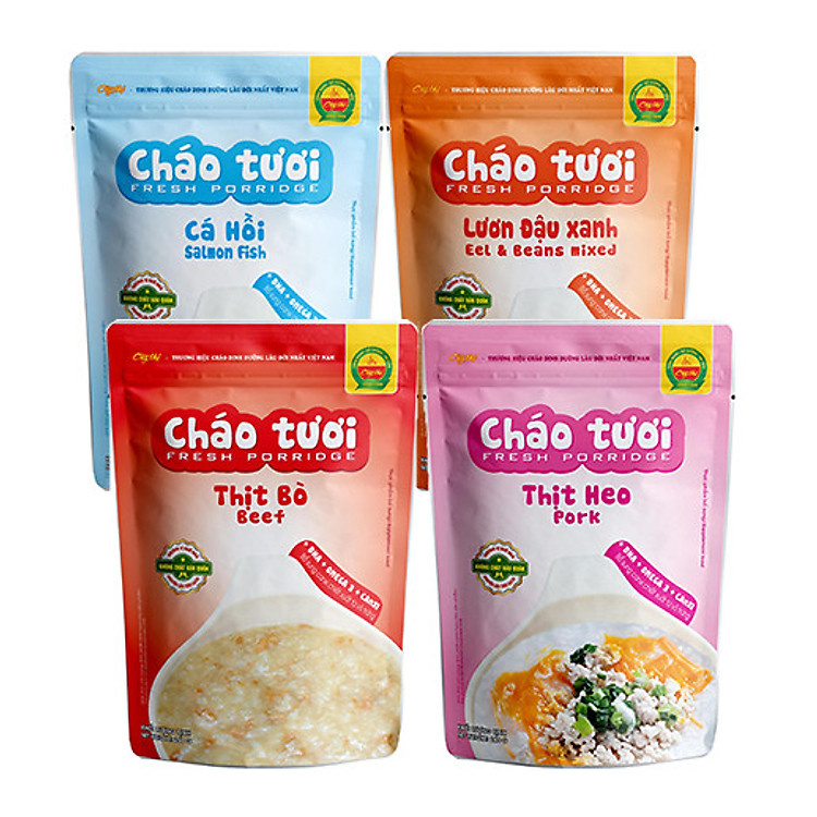 Combo 4 Gói Cháo Tươi Cây Thị Vị: Cá Hồi, Lươn Đậu Xanh, Thịt Bò, Thịt Heo