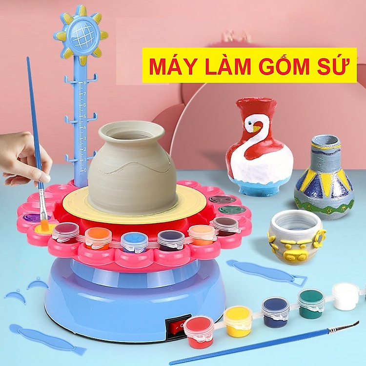 Đồ Chơi Máy Làm Gốm Sứ Handmade Kèm Tạp Dề và 12 Màu Tô Dễ Thương