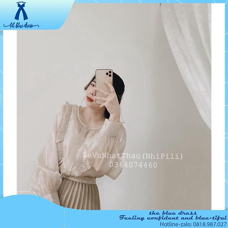 SET ÁO VOAN PHỐI BÈO KÈM CHÂN VÁY MIDI XẾP LY NUDE Quảng Châu cao cấp ladytrai cổ v chiết eo tay phồng dài