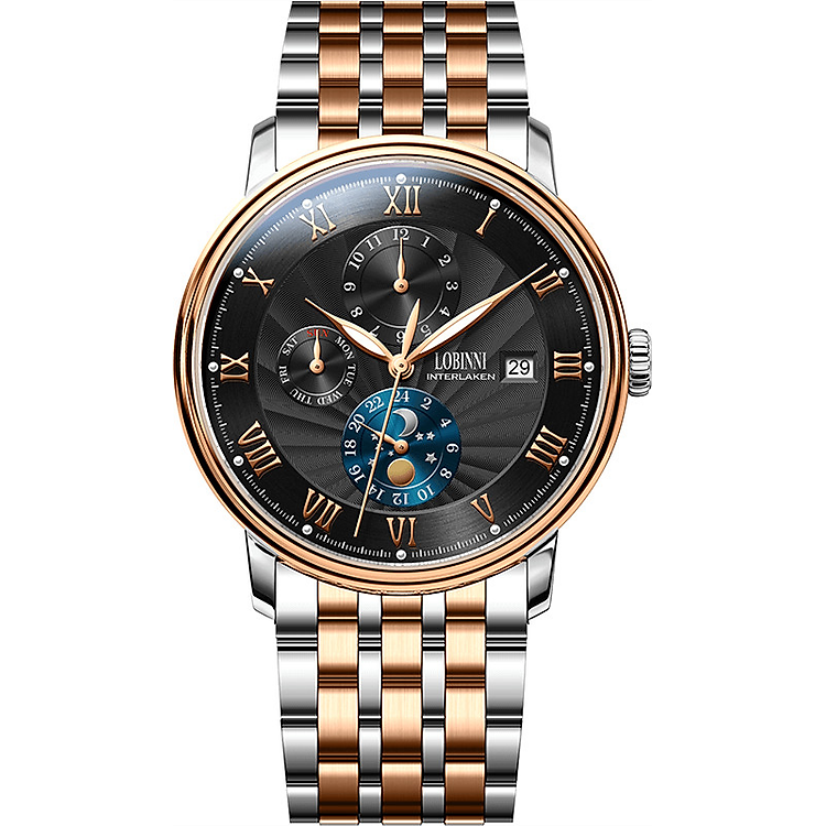 Đồng hồ nam chính hãng LOBINNI LB11023G-T3 Kính sapphire chống xước,chống nước 50m,mặt đen vỏ vàng hồng dây thép, thép không gỉ 316L,Đồng hồ cơ (Automatic) bảo hành 24 tháng,thiết kế đơn giản và sang trọng
