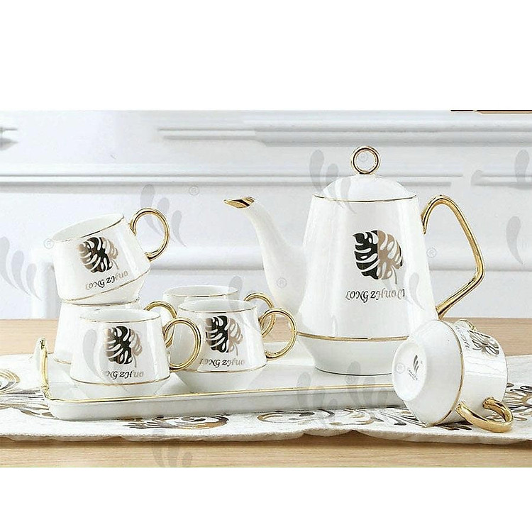 BỘ ẤM CHÉN KÈM KHAY SỨ CAO CẤP PHA TRÀ CÀ PHÊ TRẮNG HỌA TIẾT LÁ VÀNG - ANTH450