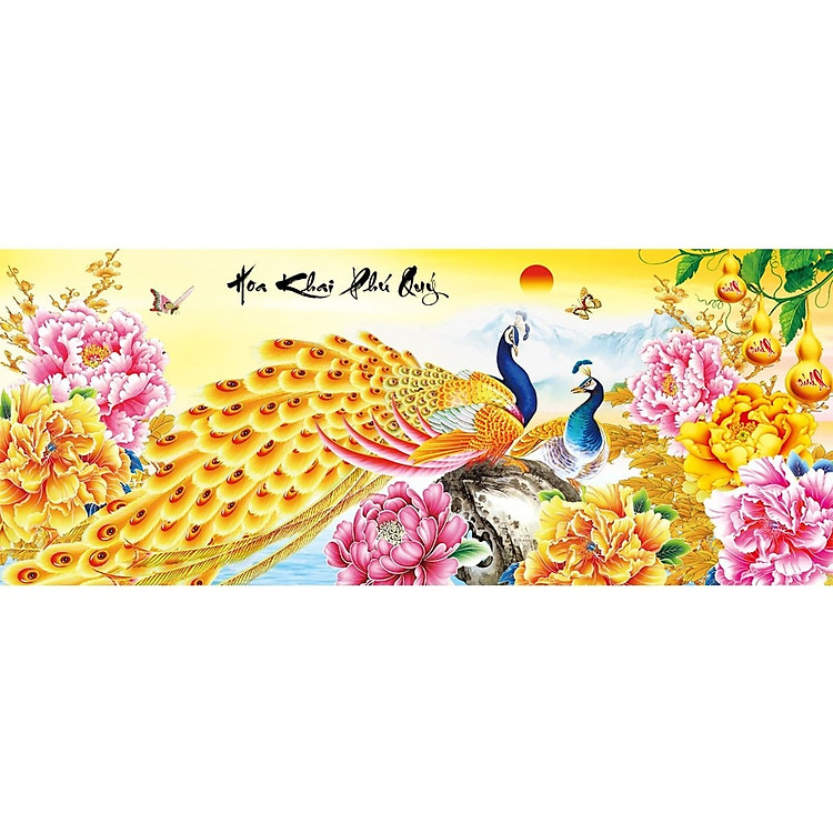 Tranh thêu chữ thập Hoa Khai Phú Quý (92*43cm) chưa thêu