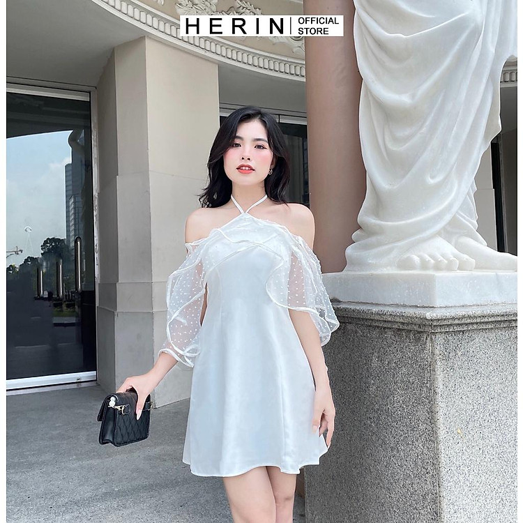 Đầm cổ yếm cúp ngực phối bèo trễ vai CÓ SẴN MÚT NGỰC mặc dự tiệc dạo phố cực xinh