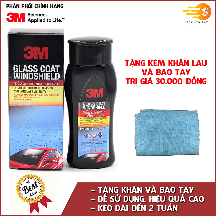 Bộ 3 món chăm sóc kính xe gồm chai chống bám nước, xịt rửa kính và tẩy ố kính 3M 3M-BVKINH - Tặng kèm khăn lau ô tô, trượt kính, vệ sinh kính, tẩy ố, tẩy cặn canxi